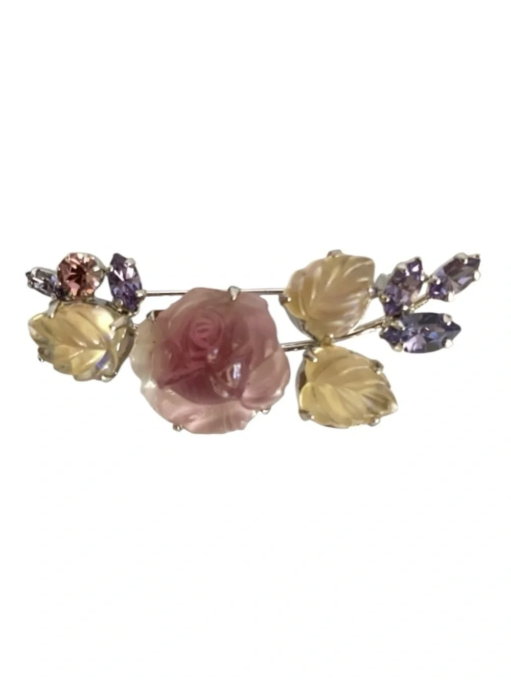 Vintage Purple Rose Floral Brooch Carved Style Rhinestone Leaf Elegant Pin